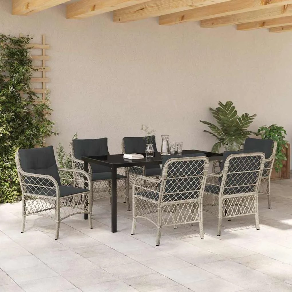 vidaXL Σέτ φαγητού για κήπο με μαξιλάρι 7 pcs Ανοιχτό γκρι Πολυ ράταν
