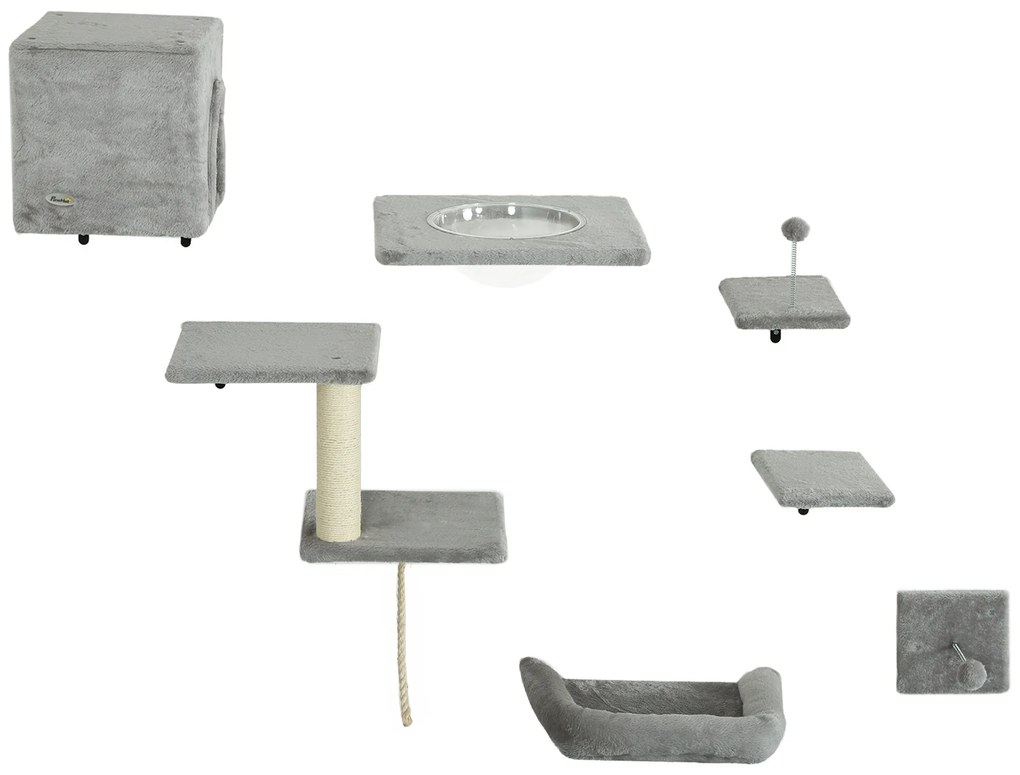PawHut Σύστημα Κρεμαστής Τοιχοποιίας για Γάτες 7 τεμαχίων Σετ Κρεμαστής Τοιχοποιίας για Γάτες με Σπιτάκι Γάτας, Πλατφόρμα, Πλατφόρμα Γκρι