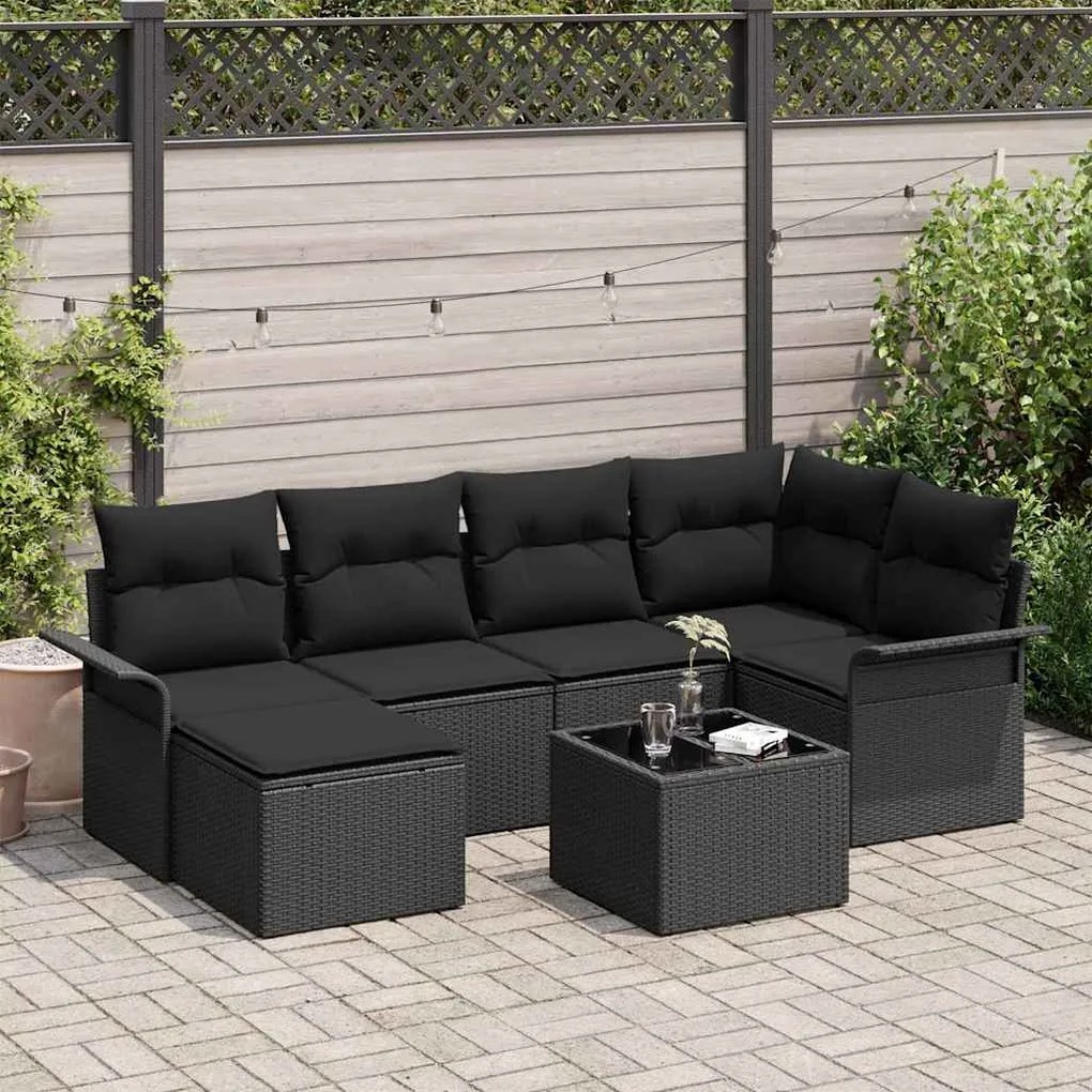 vidaXL Σετ Καναπέ Κήπου με μαξιλάρι 7 pcs Μαύρο Πολυ ράταν