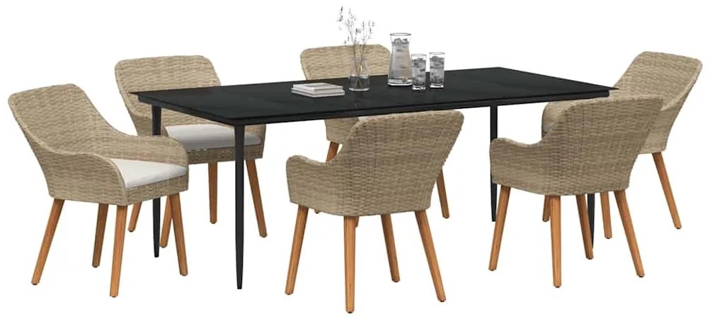 vidaXL Σέτ φαγητού για κήπο με μαξιλάρι 7 pcs Μπεζ συνθετικό ρατάν