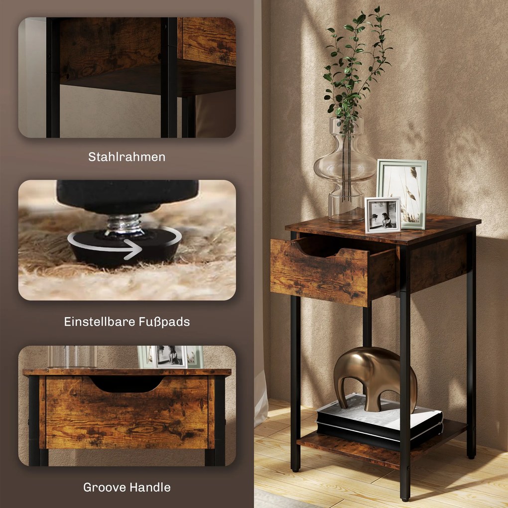 HOMCOM Κομοδίνο σε βιομηχανικό στυλ, συρτάρι, ράφι αποθήκευσης, μεταλλικό πλαίσιο, ξύλο, 40 x 40 x 68 cm, καφέ