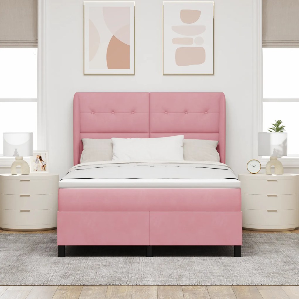 vidaXL Κρεβάτι Box Spring με Στρώμα Ροζ 140x200 εκ Βελούδο