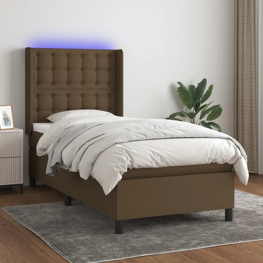 Κρεβάτι Boxspring με Στρώμα &amp; LED Σκ.Καφέ 80x200 εκ. Υφασμάτινο - Καφέ