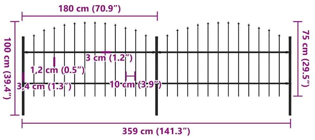 vidaXL Κάγκελα Περίφραξης με Λόγχες Μαύρα (0,75-1) x 3,4 μ. Ατσάλινα