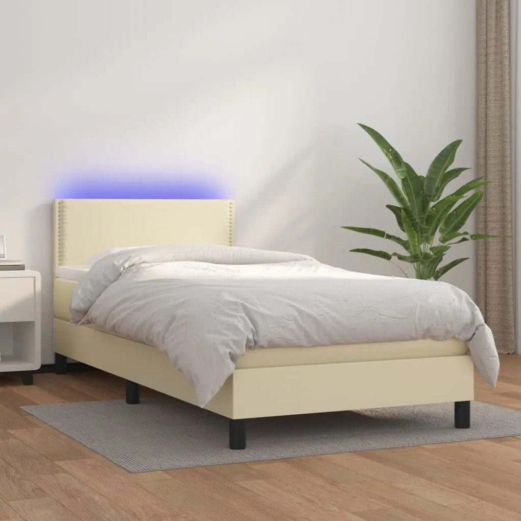 Κρεβάτι Boxspring με Στρώμα &amp; LED Κρεμ 100x200 εκ. Συνθ. Δέρμα