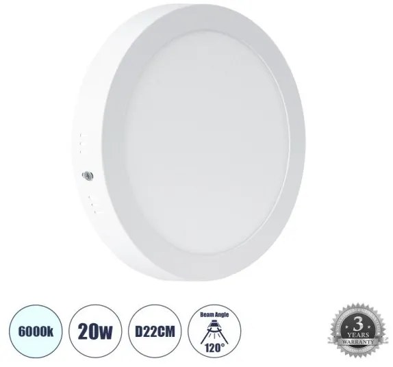 Εξωτερικό LED Panel Φ22cm 20W 2180lm 120° AC 220-240V IP20 Φ22.2 x Υ3cm Ψυχρό Λευκό 6000K-3 Χρόνια Εγγύηση Globostar 60200