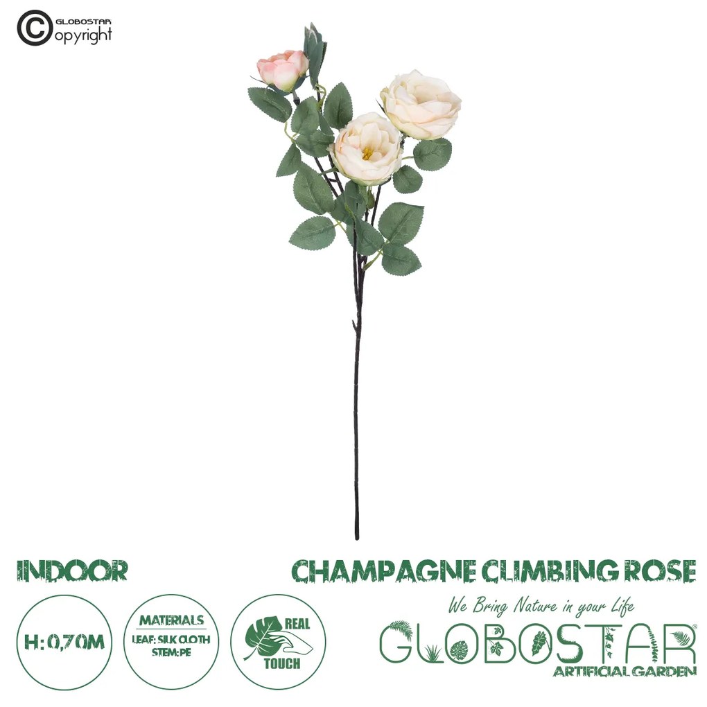 GloboStar® Artificial Garden CHAMPAGNE CLIMBING ROSE BRANCH 21182 Τεχνητό Διακοσμητικό Κλαδί Τριαντάφυλλο Σαμπανιζέ Y70cm