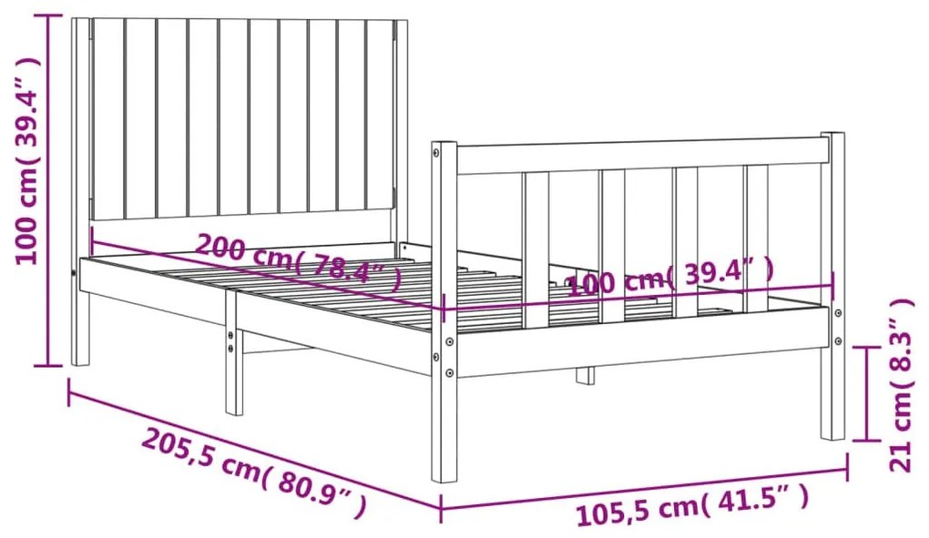 Σκελετός Κρεβατιού Χωρίς Στρώμα 100x200 εκ. Μασίφ Πεύκο - Καφέ