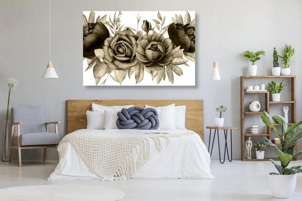 Φανταστείτε τον γοητευτικό συνδυασμό λουλουδιών και φύλλων σε σχέδιο σέπια - 90x60