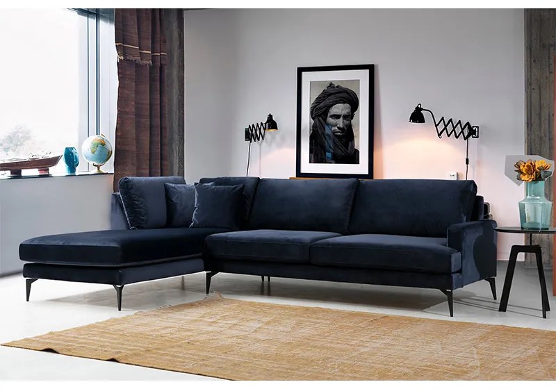 Γωνιακός καναπές Fortune pakoworld δεξιά γωνία βελούδο μπλέ-μαύρο 283x180x88εκ - Βελούδο - 071-001131