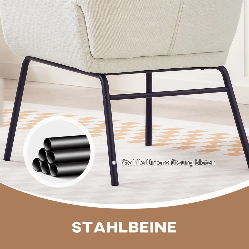 HOMCOM Μοντέρνα Πολυθρόνα Ear-Back, Ψηλή Πλάτη, Παχύ Μαξιλάρι, Ατσάλινα Πόδια, Κρεμ Λευκό