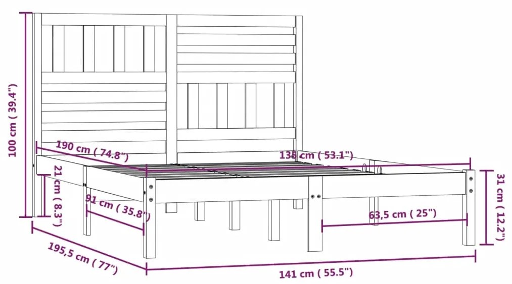 Σκελετός Κρεβατιού Μαύρος 135x190 εκ. Μασίφ Ξύλο Πεύκου Double - Μαύρο