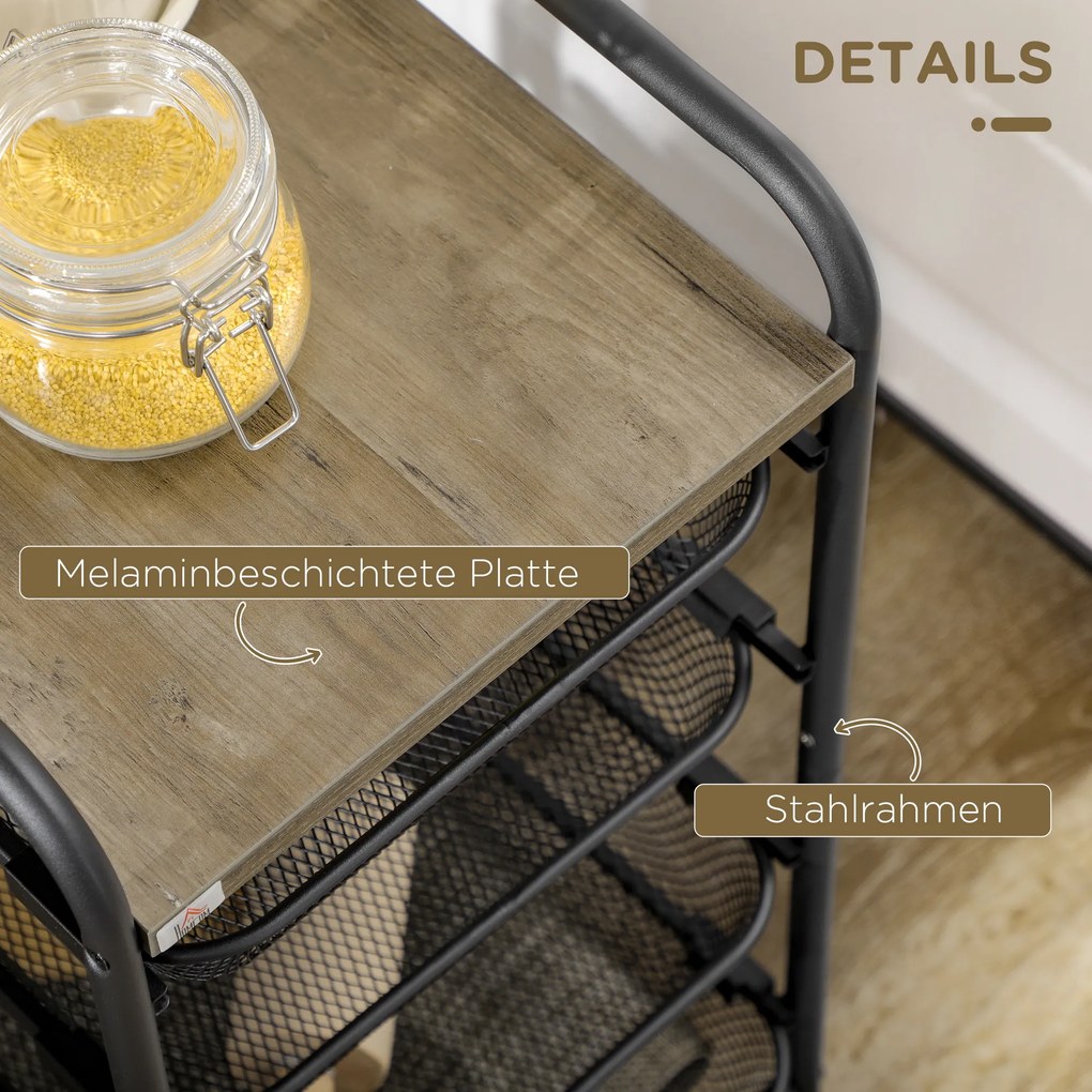 Τροχήλατο καρότσι HOMCOM με 4 καλάθια, καρότσι κουζίνας, 4 τροχοί με 2 φρένα, καρότσι πολλαπλών χρήσεων, Μαύρο, 41,5 x 31 x 66 cm