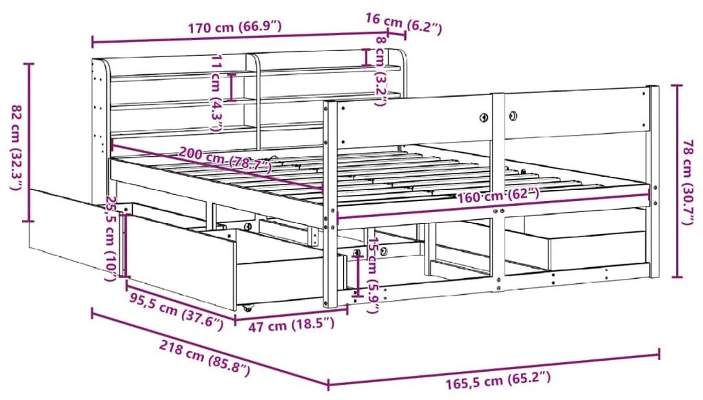 Σκελετός Κρεβατιού Χωρίς Στρώμα 160x200 εκ Μασίφ Ξύλο Πεύκου - Καφέ