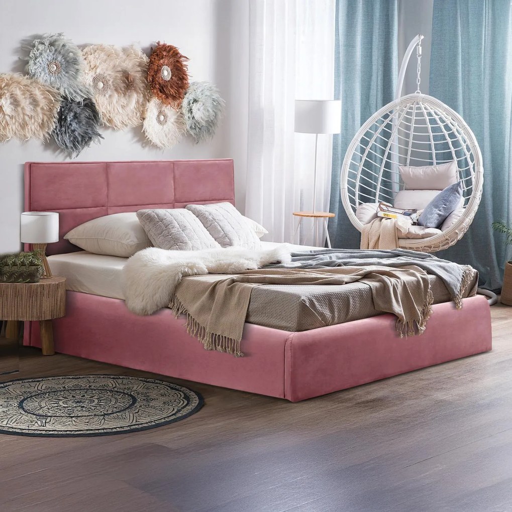 Επενδυμένο Κρεβάτι BRILEY Διπλό με Στρώμα &amp; Αποθηκευτικό χώρο Βελούδο Σάπιο Μήλο 160x200εκ 168x212x106 εκ.