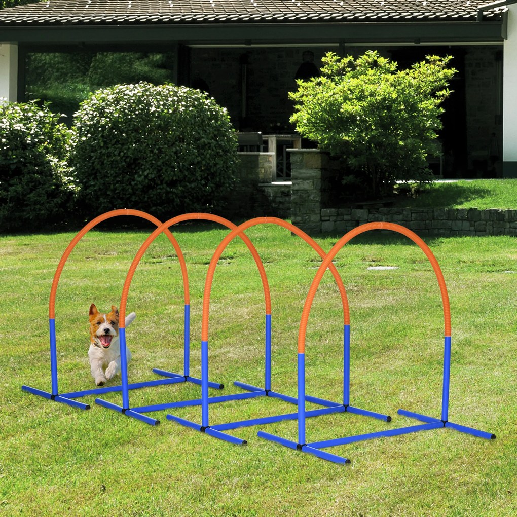 PawHut Σετ Agility για σκύλους, εκπαίδευση σκύλων, 4 τόξα, για αρχάριους, με τσάντα μεταφοράς, μπλε+πορτοκαλί, 88 x 64 x 95cm