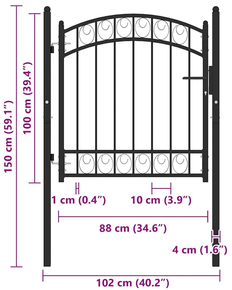 vidaXL Πόρτα Περίφραξης με Αψιδωτή Κορυφή Μαύρη 100 x 100 εκ. Ατσάλινη