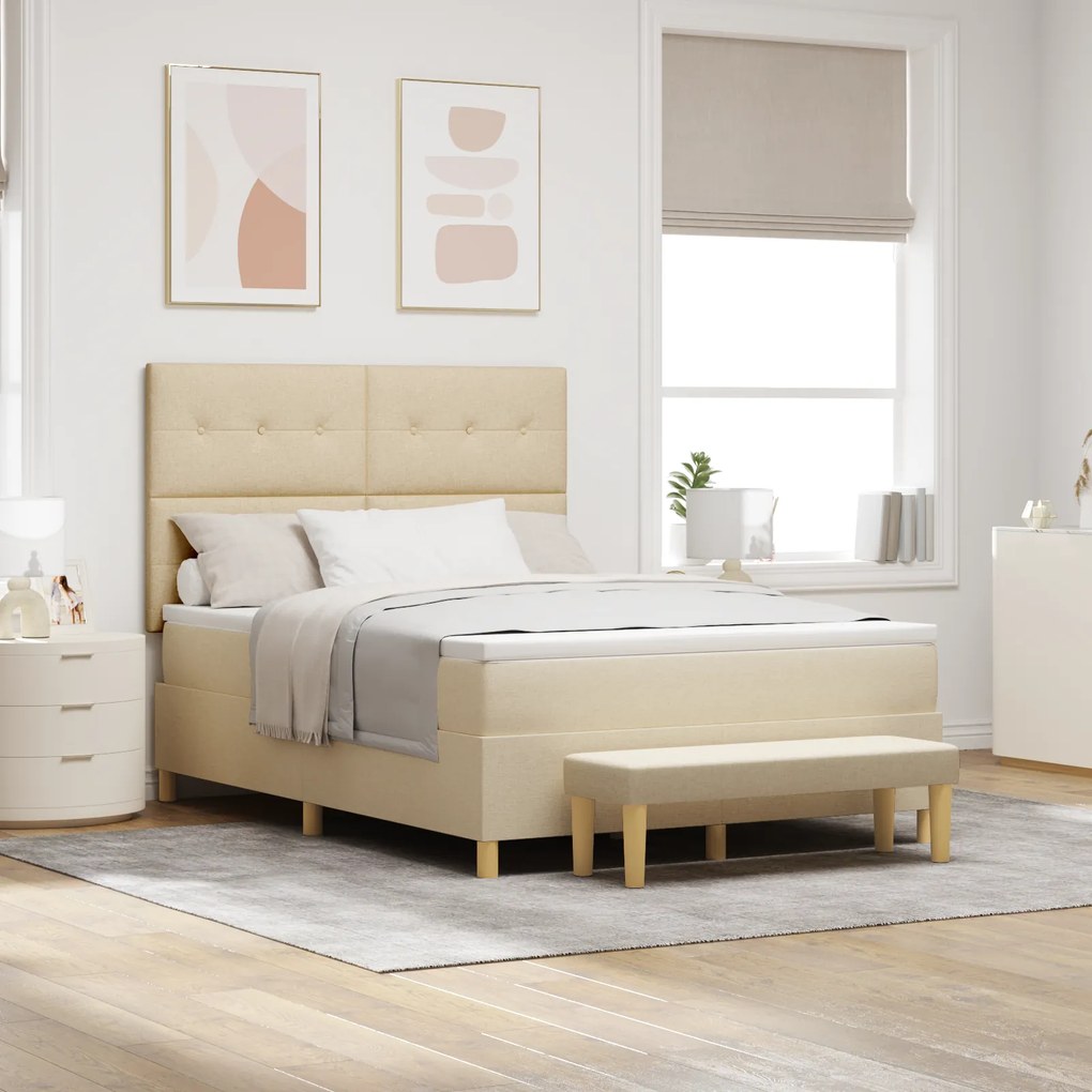 vidaXL Κρεβάτι Box Spring με Στρώμα & Παγκάκι Κρεμ 140x200 εκ. Ύφασμα