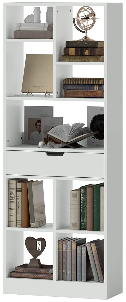 HOMCOM Ράφι βιβλιοθήκης, Πολυλειτουργικό ράφι, 9 διαμερίσματα, Συρτάρι, Προστασία από ανατροπή, 60 x 26 x 158 cm, Λευκό