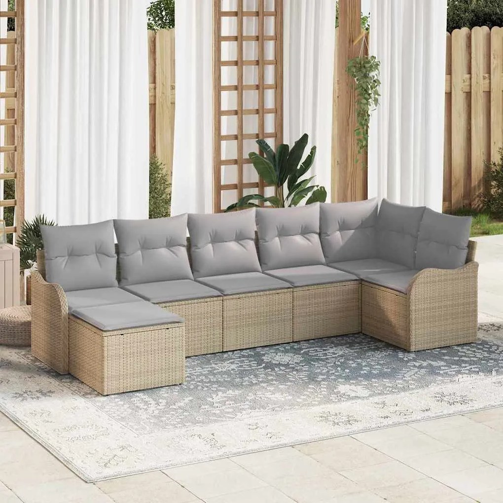 vidaXL Σετ Καναπέ Κήπου με μαξιλάρι 7 pcs Μπεζ Πολυ ράταν