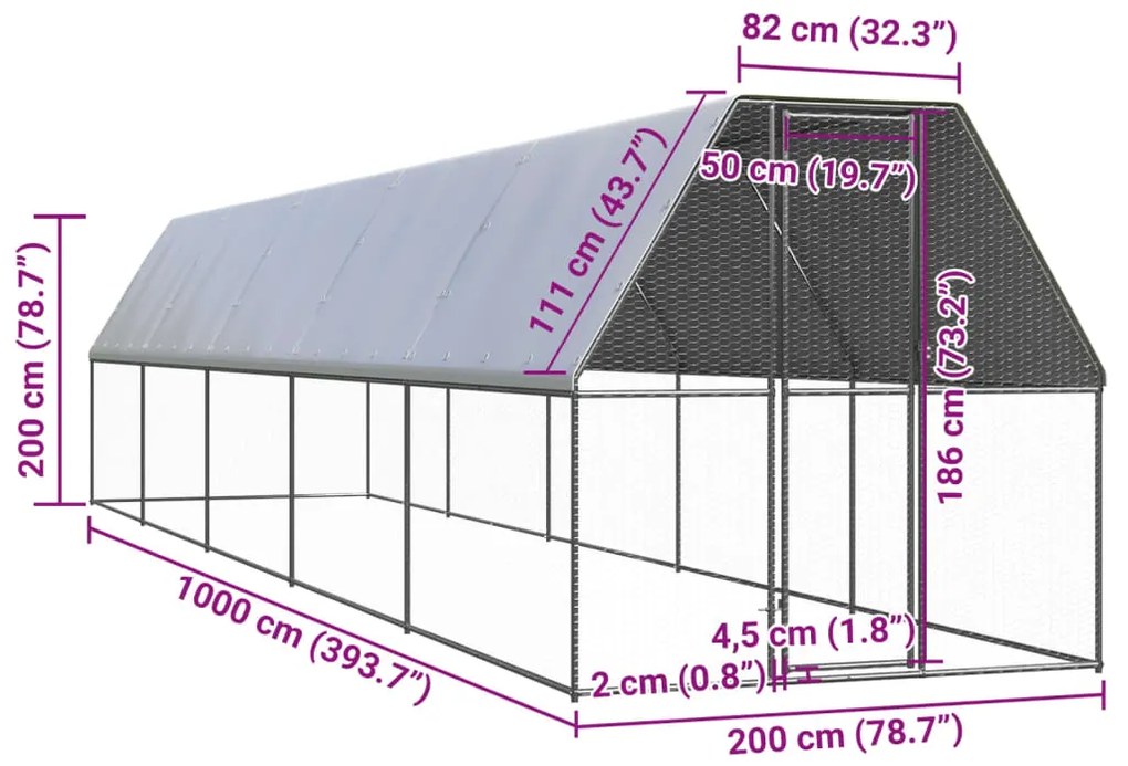 vidaXL Κοτέτσι - Κλουβί Εξωτ. Χώρου 2x10x2 μ. από Γαλβανισμένο Χάλυβα