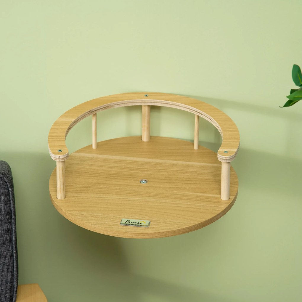 PawHut Wandliege, κρεβάτι γάτας, με προστατευτικό χείλος, μαξιλάρι ύπνου, για τοποθέτηση στον τοίχο, δρυς+κρεμ λευκό, 34 x 34 x 10,5 cm