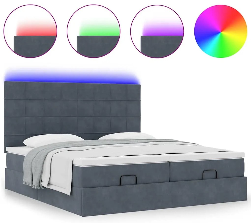 vidaXL Οθωμανικό κρεβάτι με στρώματα & LEDs Σκούρο γκρι Βελούδο