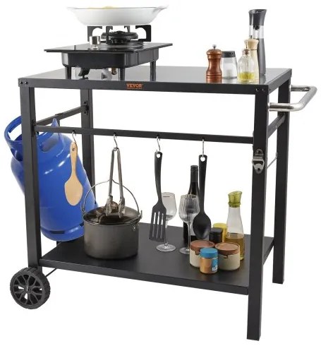 VEVOR Outdoor Grill Dining Cart with Double-Shelf, BBQ Movable Food Prep Table, Multifunctional Iron Table Top, Portable Modular Carts for Pizza Oven, Worktable with 2 Wheels, Carry Handle, Black