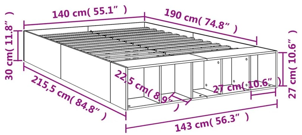 Πλαίσιο Κρεβατιού Γκρι Σκυροδέματος 140x190 εκ. Επεξεργ. Ξύλο - Γκρι