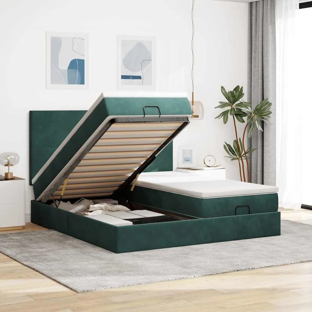 vidaXL Οθωμανικό κρεβάτι με στρώματα&amp;LEDs Dark Green 180x200cm Velvet