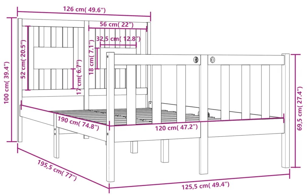 vidaXL Πλαίσιο Κρεβατιού 120 x 190 εκ. από Μασίφ Ξύλο Small Double