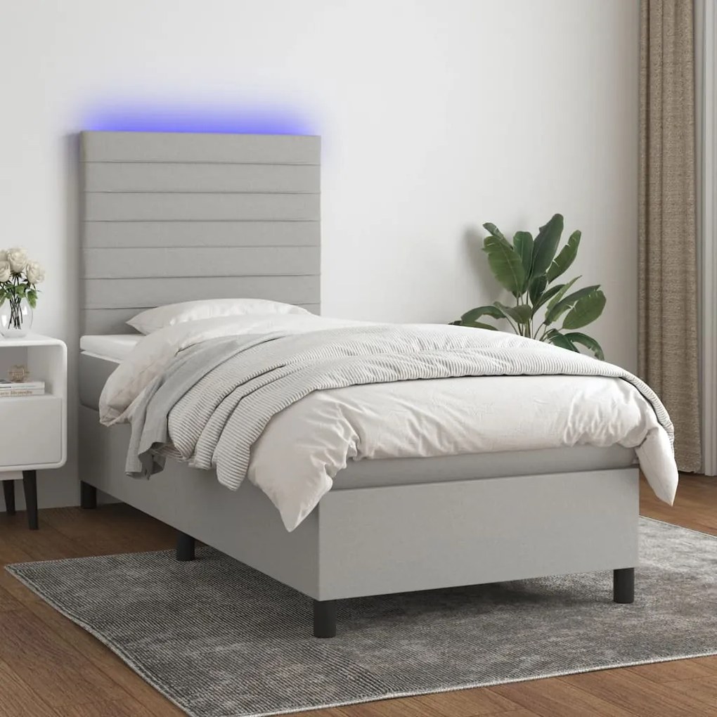 vidaXL Κρεβάτι Boxspring με Στρώμα &amp; LED Αν.Γκρι 90x190 εκ. Υφασμάτινο