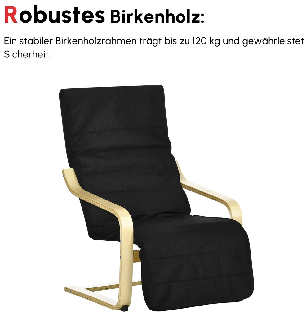 HOMCOM Πολυθρόνα Relax, Ξαπλώστρα, Ρυθμιζόμενο Υποπόδιο, Μαξιλάρι, Ξύλο+Μαύρο, 66,5 x 94 x 100cm