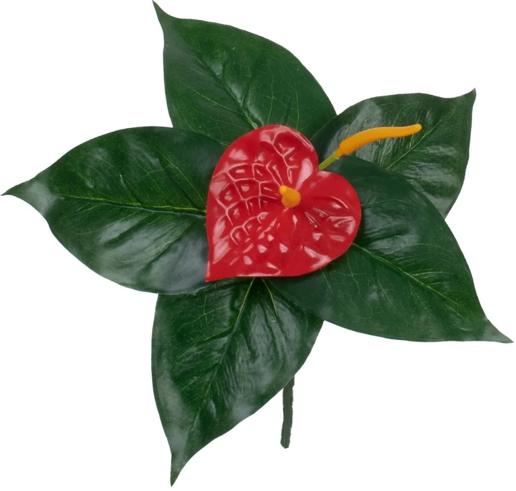 GloboStar® FLAMINGO FLOWER 78293 Τεχνητό Φυτό Ανθούριο - Μπουκέτο Διακοσμητικών Φυτών - Κλαδιών με Φύλλωμα Πράσινο - Πορτοκαλί - Κόκκινο Υ26cm