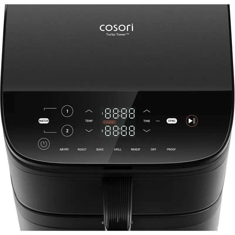 Cosori CAF-DC121-Ader Turbo Tower Διπλή φριτέζα ζεστού αέρα, 2630W, 4.3/6.5 L, 7 προγράμματα, 30-230C, έλεγχος αφής, χρονοδιακόπτης, κρύοι τοίχοι, μαύρο