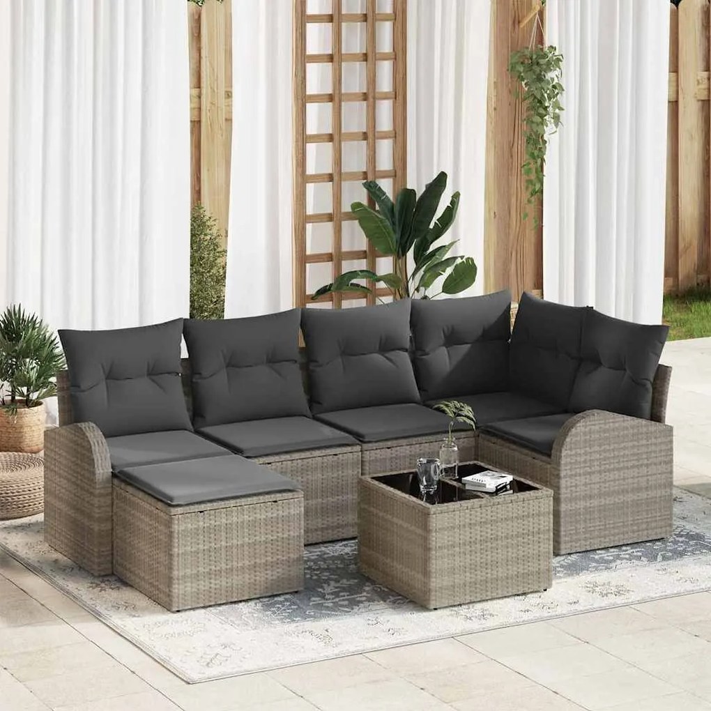 vidaXL Σετ Καναπέ Κήπου με μαξιλάρι 7 pcs Ανοιχτό γκρι Πολυ ράταν