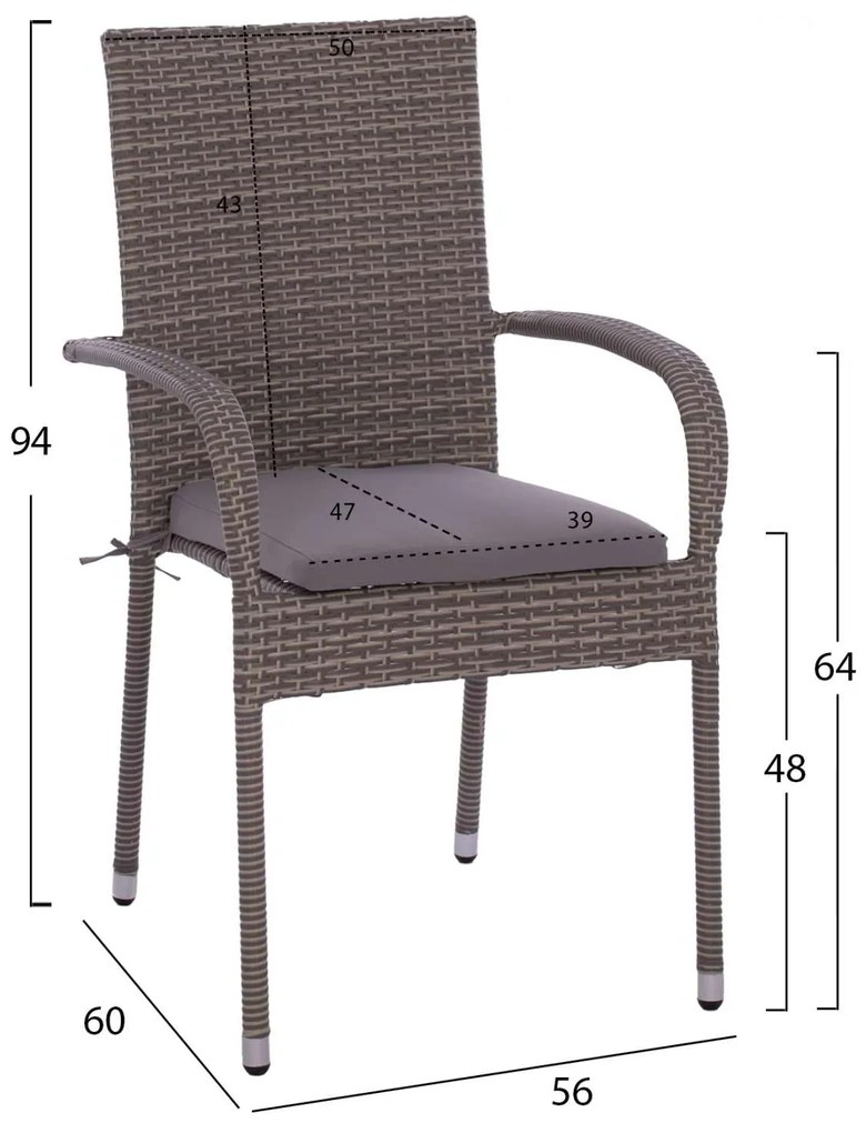 ΣΕΤ ΤΡΑΠΕΖΑΡΙΑΣ 5ΤΜΧ ΤΡΑΠ. 120X70 &amp; ΠΟΛΥΘΡΟΝΕΣ WICKER RATTAN ΓΚΡΙ HM11711.31