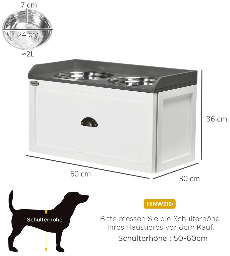 PawHut Σταθμός Τροφοδοσίας, 2 Μπολ Τροφοδοσίας 2 λίτρων το καθένα, Ανοξείδωτο Ατσάλι, με Συρτάρι, για Μεγάλα Σκυλιά, Λευκό+Γκρι, 60 x 30 x 36 cm