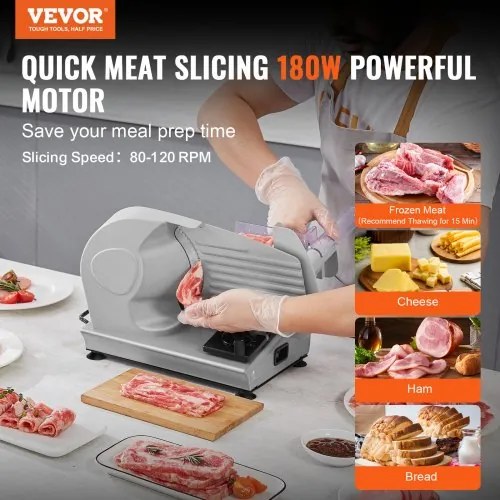 VEVOR Meat Slicer, 180W Electric Deli Food Slicer with 7.5&quot; SUS420 Stainless Steel Blade and Blade Guard, 0 - 0.6 inch Adjustable Thickness for Home Use, Easy to Clean, Cut Meat, Bread, Ham and Cheese