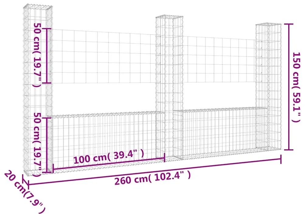 vidaXL Συρματοκιβώτια Στύλοι σε U Σχήμα 3 τεμ. 260x20x150 εκ Σιδερένια