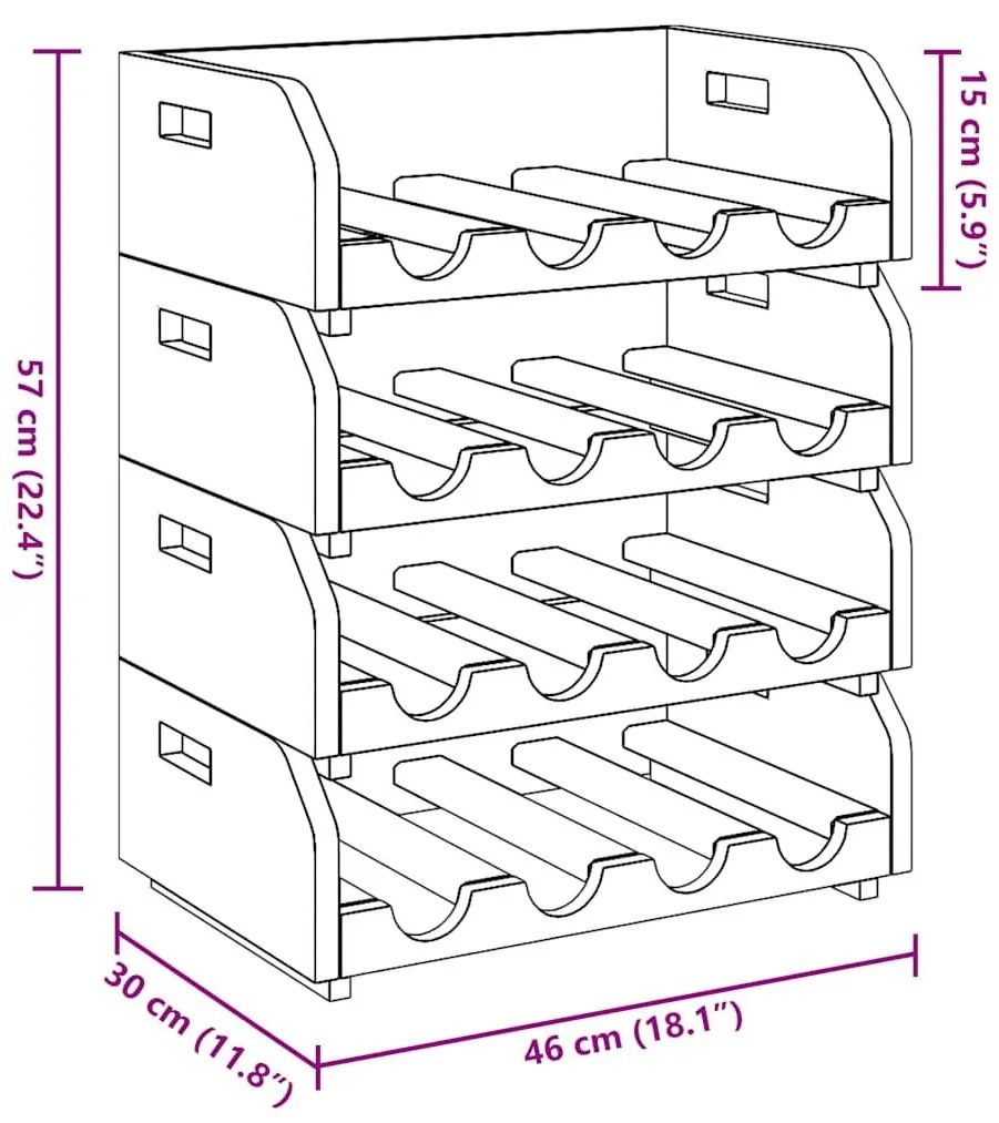 Ράφια Κρασιών 4 τεμ. 16 Φιαλών από Μασίφ Ξύλο Μαόνι - Καφέ