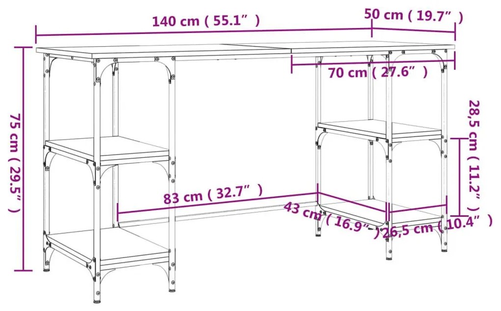 Γραφείο Καφέ Δρυς 140x50x75 εκ. Μέταλλο &amp; Επεξεργασμένο Ξύλο - Καφέ