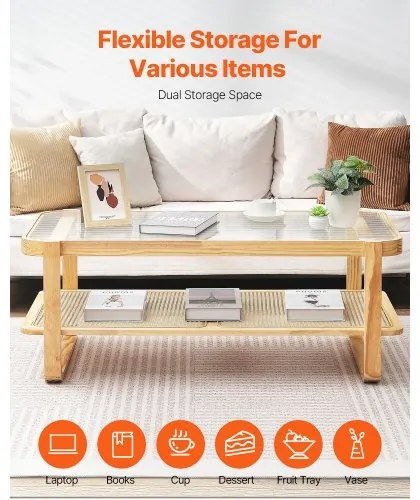 VEVOR Rattan Coffee Table Rectangle Rattan Coffee Table 2-Tier for Living Room