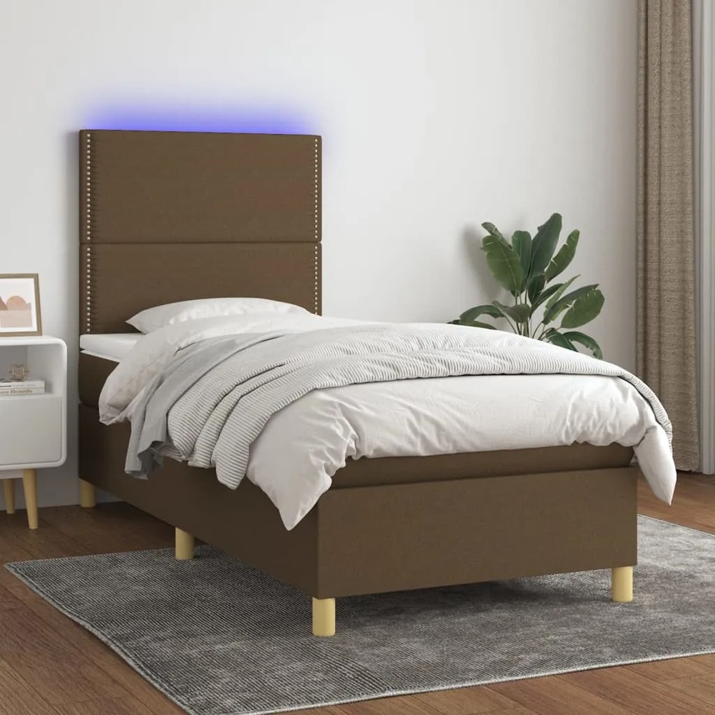 vidaXL Κρεβάτι Boxspring με Στρώμα & LED Σκ.Καφέ 80x200 εκ. Υφασμάτινο