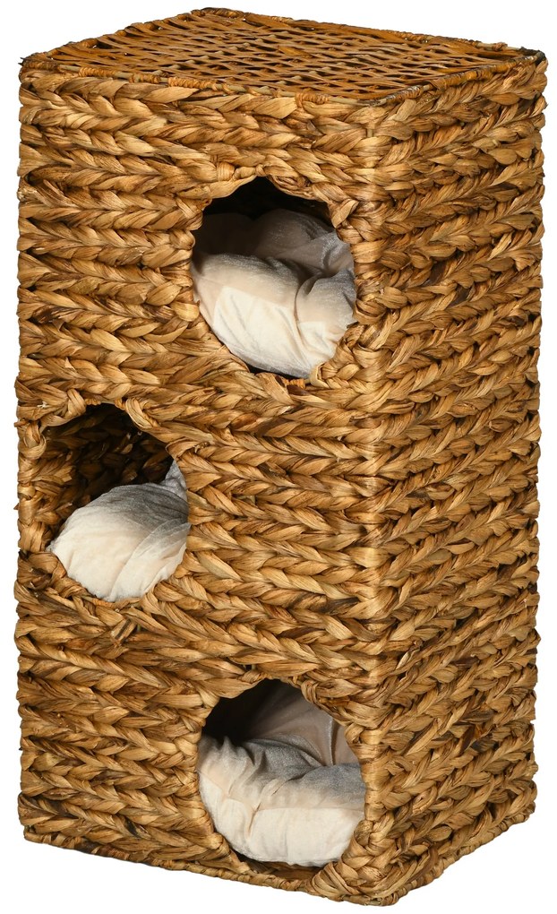 Δέντρο γάτας με πύργο ξυσίματος, 3 επίπεδα, μαλακά μαξιλάρια, πόρτες, υάκινθος νερού, ανοιχτό καφέ