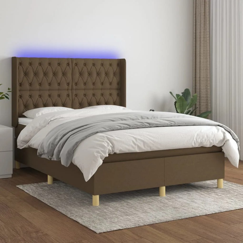 vidaXL Κρεβάτι Boxspring με Στρώμα & LED Σκ.Καφέ 140x190εκ. Υφασμάτινο