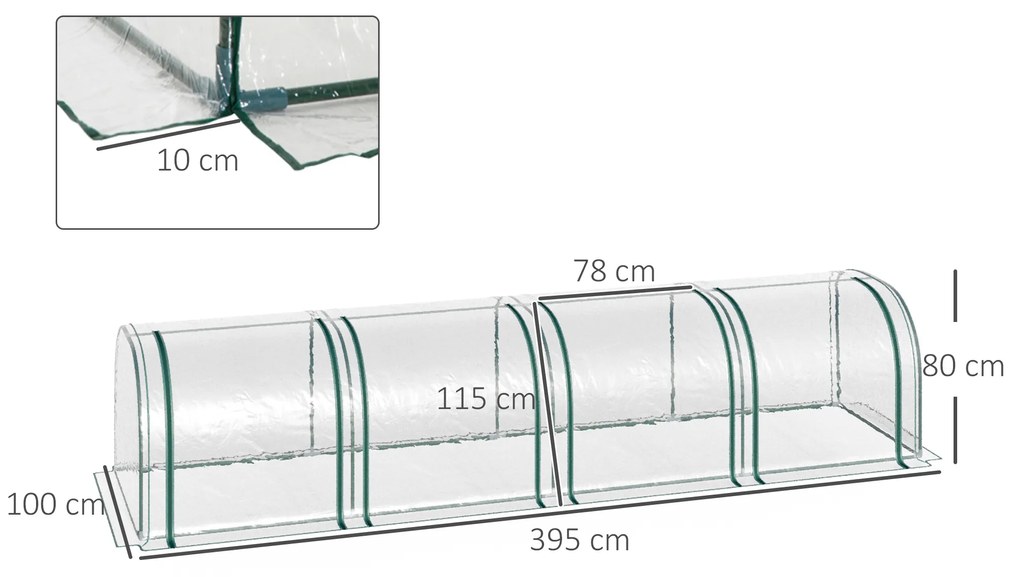 Outsunny Tunnelgewächshaus, 4 Fenster mit Reißverschluss, Stahlrahmen, robuste Plane, transparent, 395 x 100 x 80cm