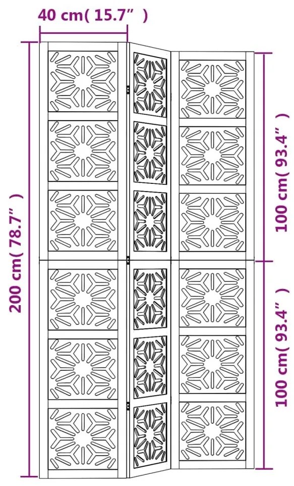 Διαχωριστικό Χώρου με 3 Πάνελ Καφέ/Μαύρο Μασίφ Ξύλο Παυλώνιας - Καφέ