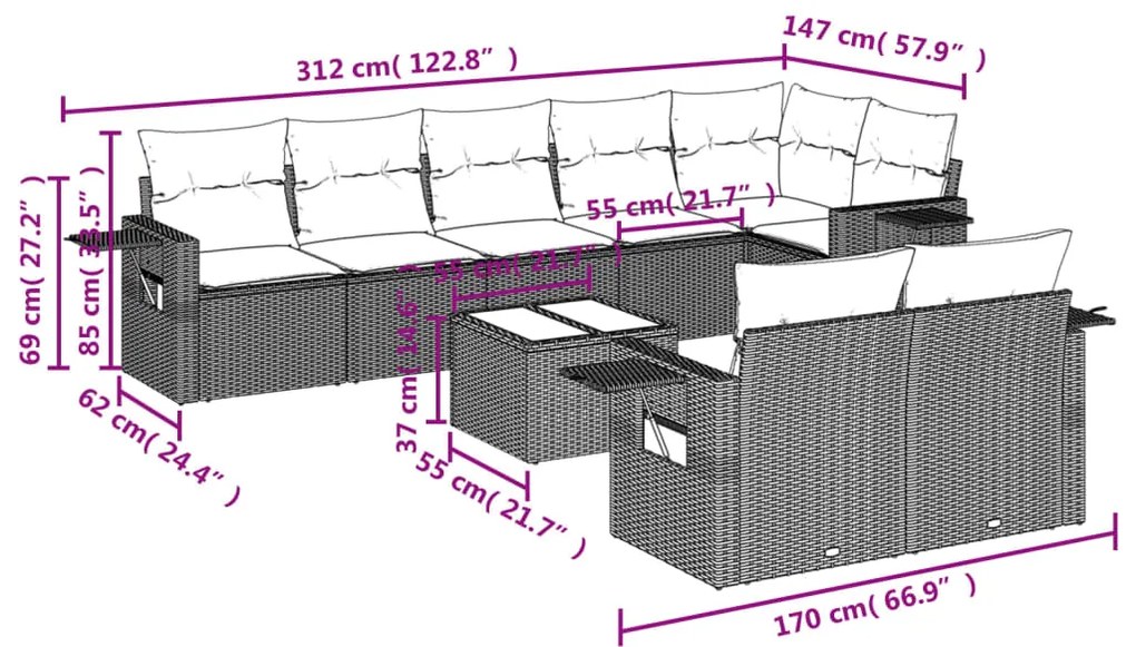 vidaXL Σαλόνι Κήπου Σετ 9 Τεμαχίων Μαύρο από Συνθ. Ρατάν με Μαξιλάρια
