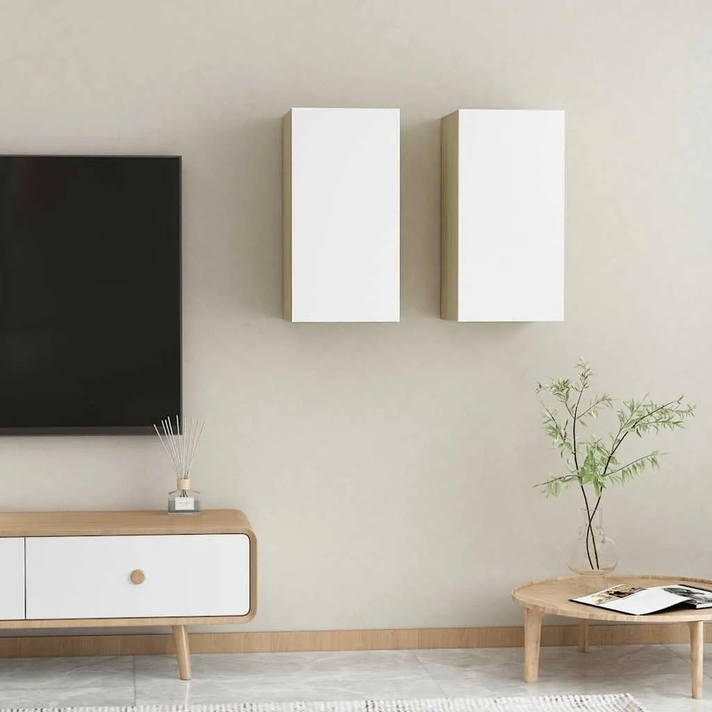 vidaXL Έπιπλα Τηλεόρασης 2 τεμ. Λευκά &amp; Δρυς 30,5x30x60εκ. Επεξ. Ξύλο